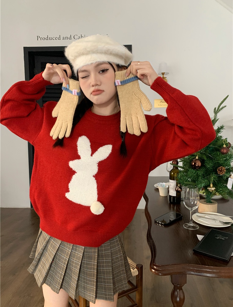 Loose rabbit hairball all-match retro round neck sweater