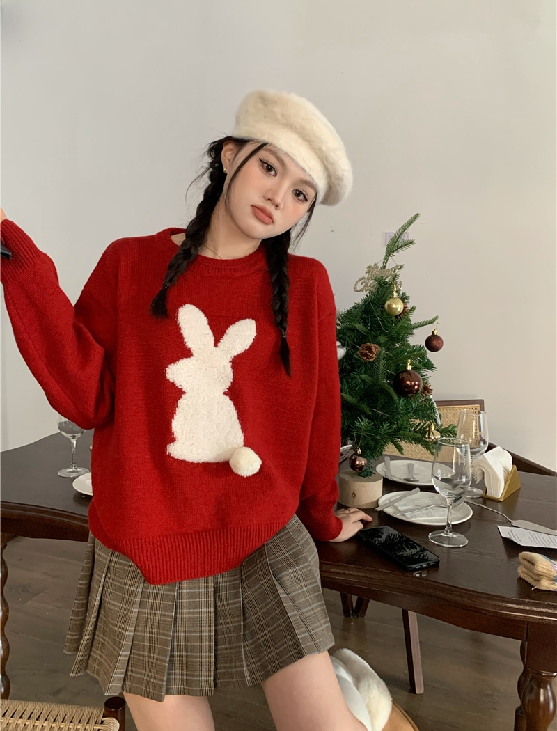 Loose rabbit hairball all-match retro round neck sweater