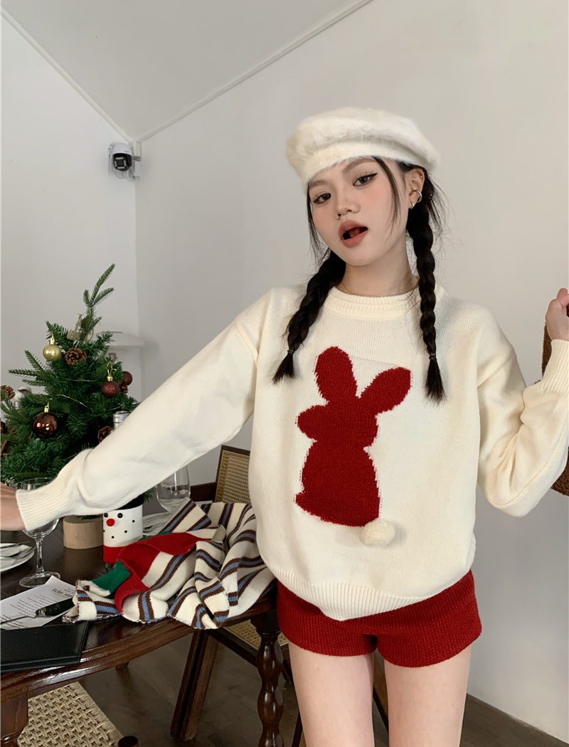 Loose rabbit hairball all-match retro round neck sweater