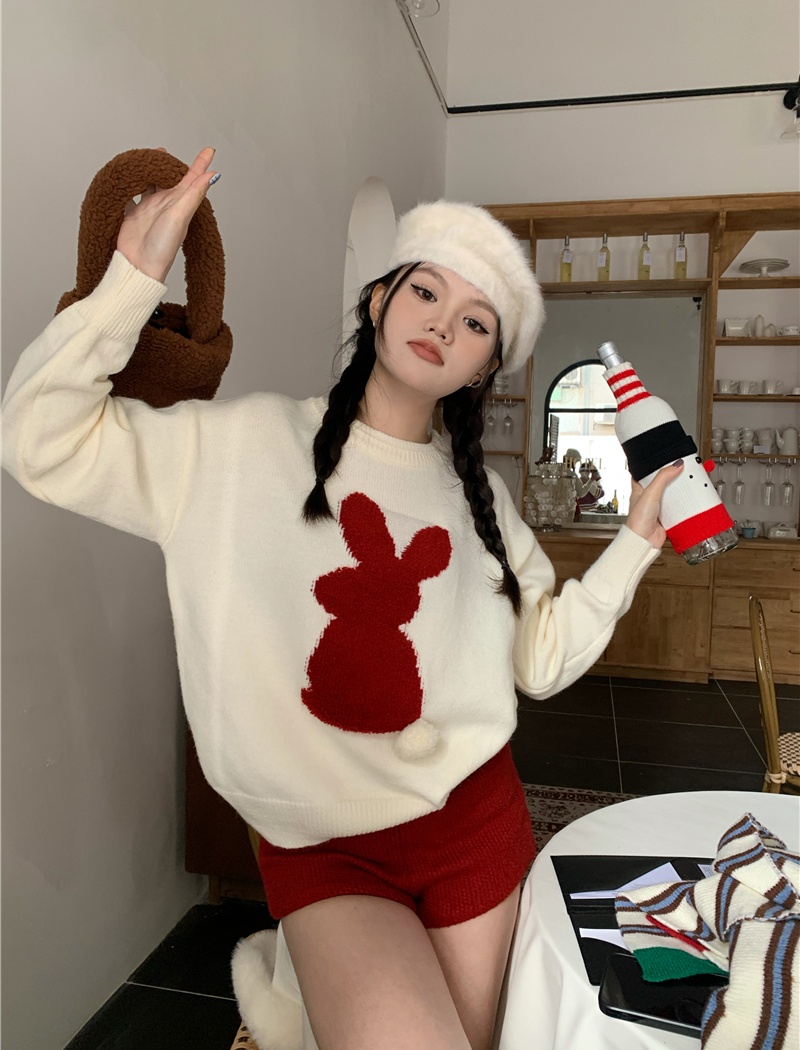 Loose rabbit hairball all-match retro round neck sweater