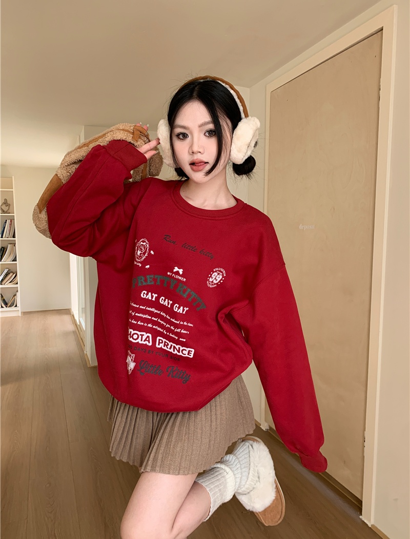 Loose plus velvet cartoon cat all-match hoodie