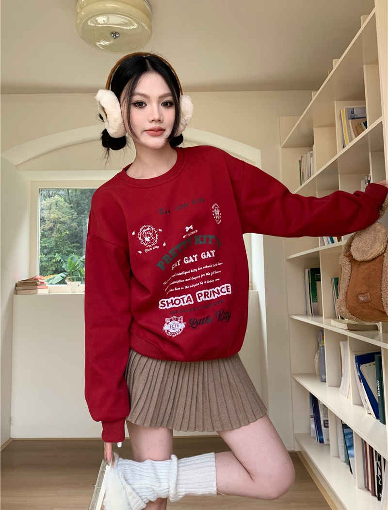 Loose plus velvet cartoon cat all-match hoodie