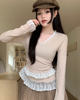 Slim long sleeve sueding tops V-neck lace knitted T-shirt