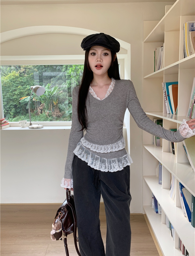 Slim long sleeve sueding tops V-neck lace knitted T-shirt