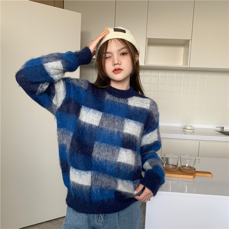 Plaid mohair mixed colors pullover long sleeve loose sweater