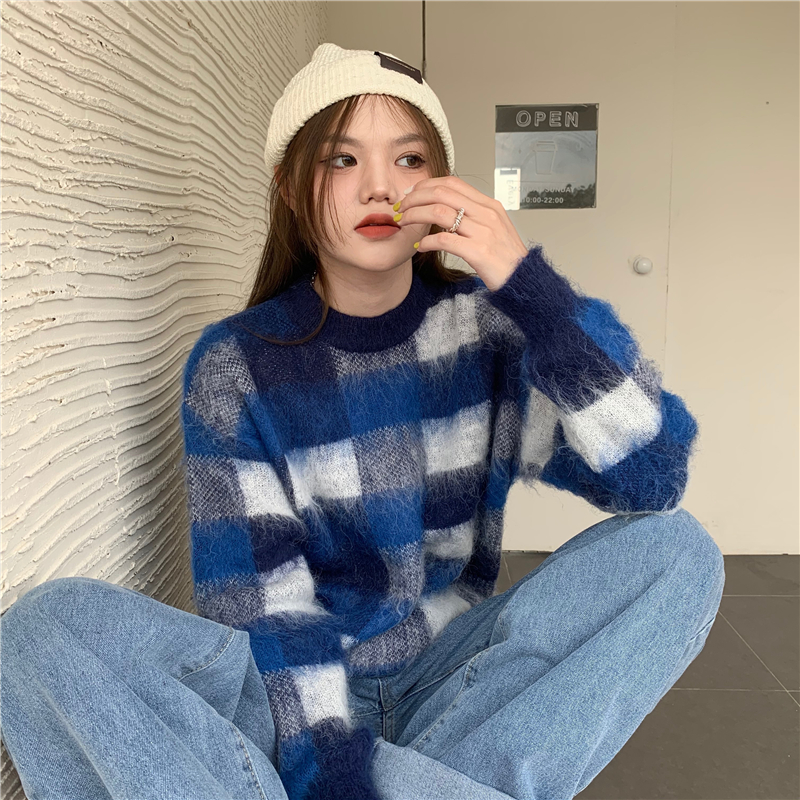 Plaid mohair mixed colors pullover long sleeve loose sweater