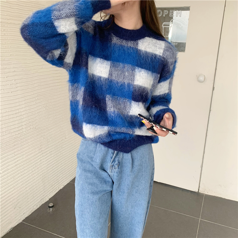 Plaid mohair mixed colors pullover long sleeve loose sweater