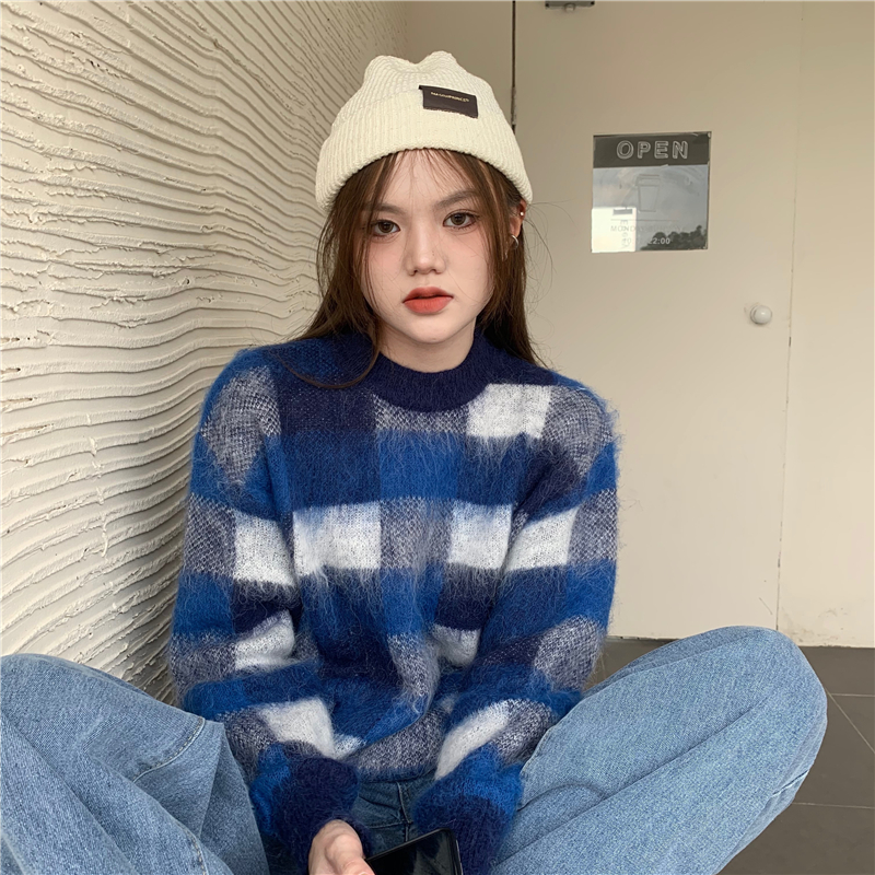 Plaid mohair mixed colors pullover long sleeve loose sweater