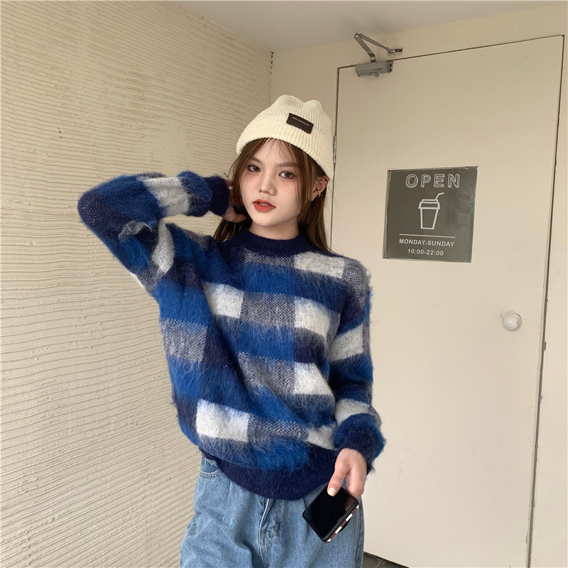 Plaid mohair mixed colors pullover long sleeve loose sweater