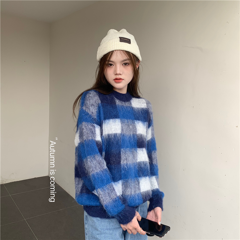 Plaid mohair mixed colors pullover long sleeve loose sweater