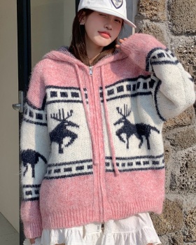 Mixed colors knitted sweater thick jacquard coat