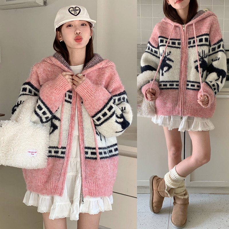 Mixed colors knitted sweater thick jacquard coat