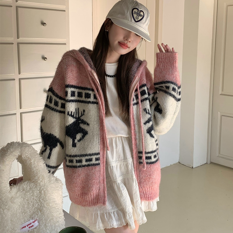 Mixed colors knitted sweater thick jacquard coat