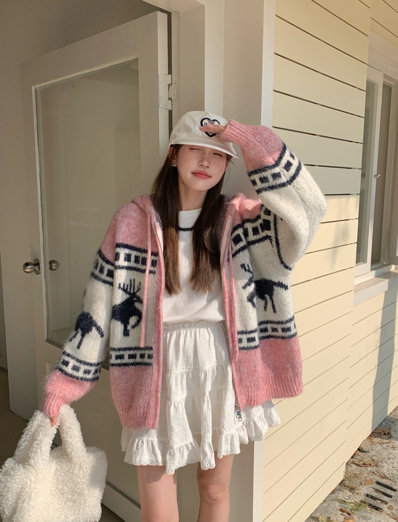 Mixed colors knitted sweater thick jacquard coat