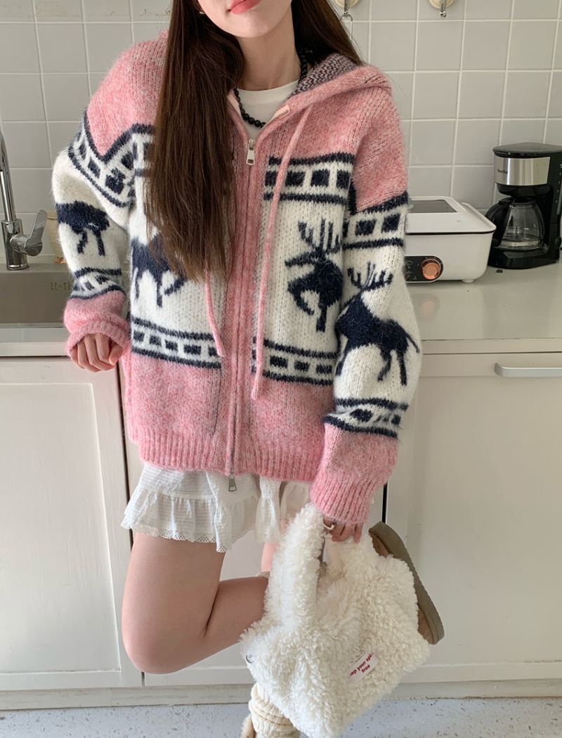 Mixed colors knitted sweater thick jacquard coat