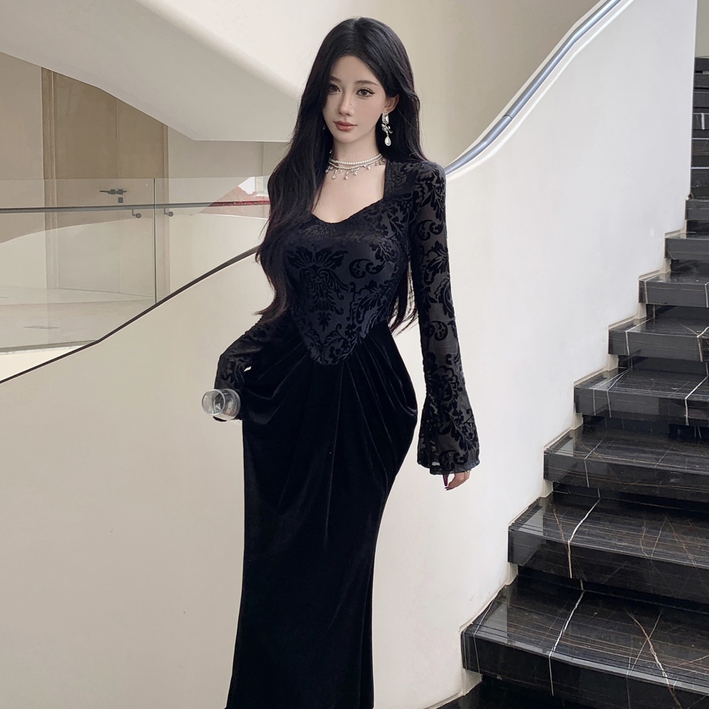 Velvet dress retro long dress for women