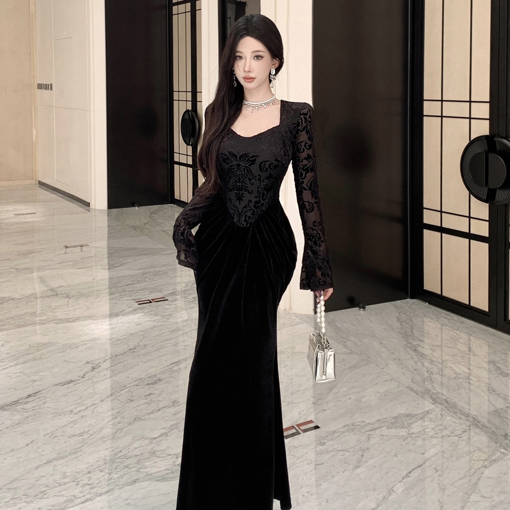 Velvet dress retro long dress for women