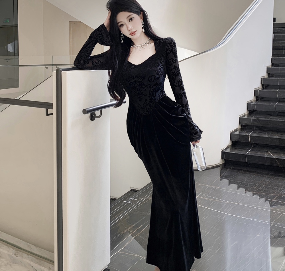 Velvet dress retro long dress for women