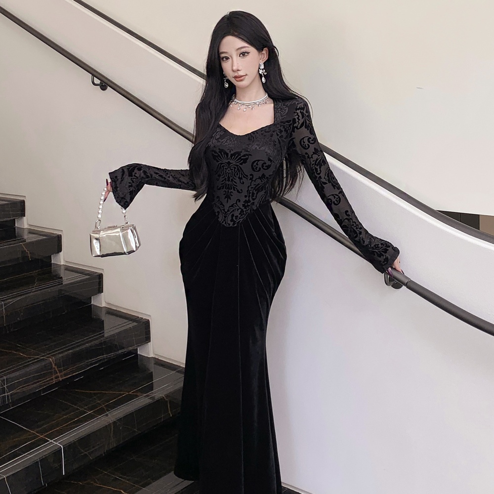 Velvet dress retro long dress for women