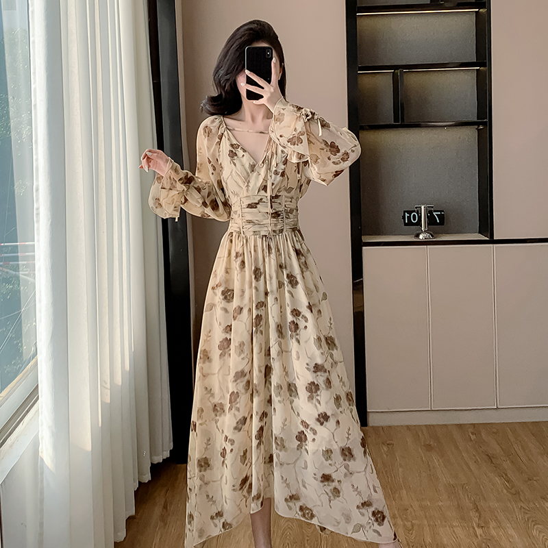 Korean style France style long dress high waist dress