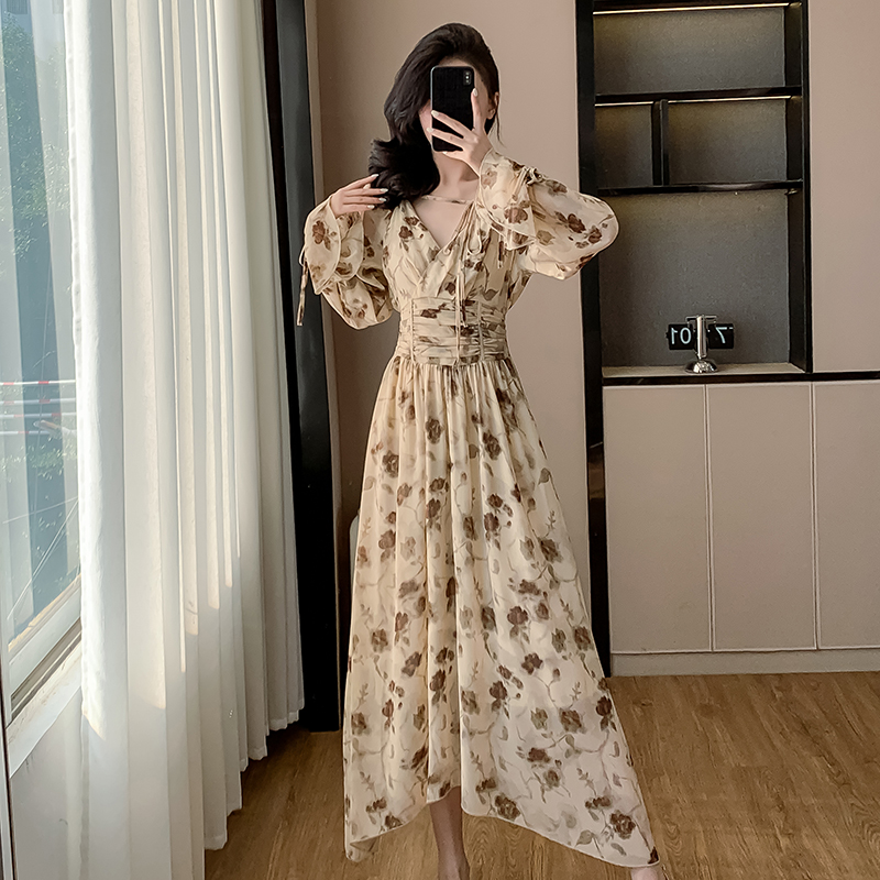 Korean style France style long dress high waist dress