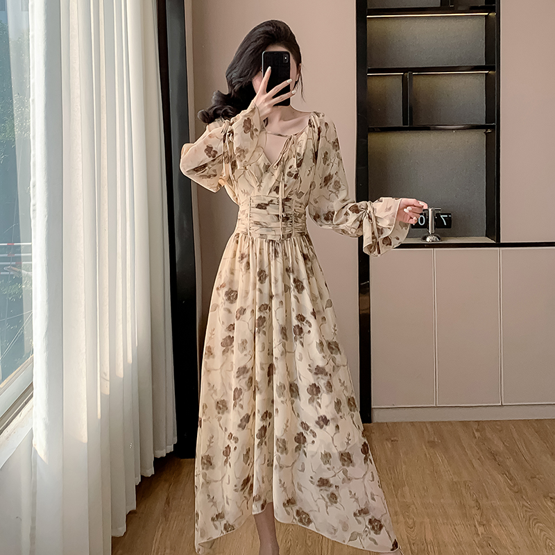 Korean style France style long dress high waist dress