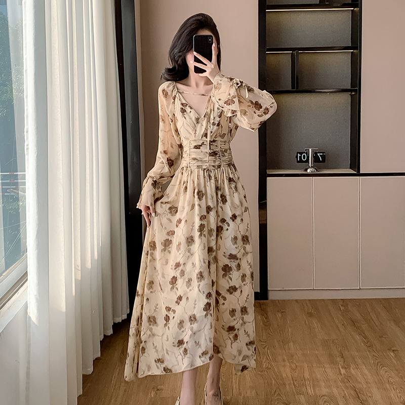 Korean style France style long dress high waist dress