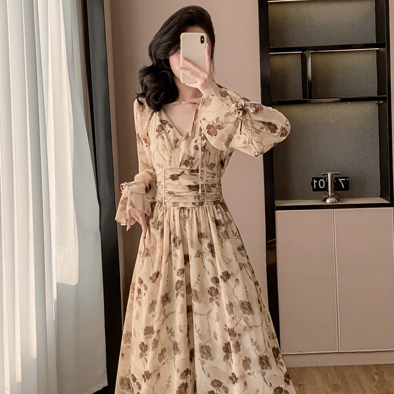 Korean style France style long dress high waist dress