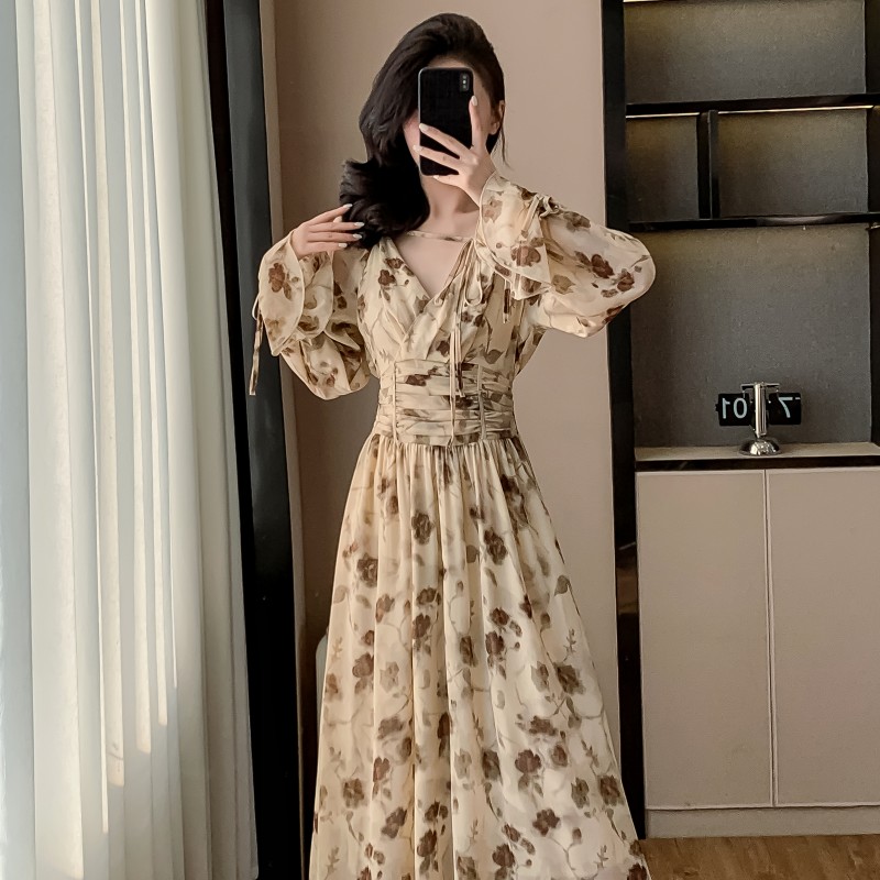 Korean style France style long dress high waist dress