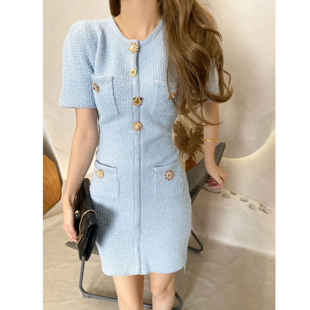 Buckle pinched waist short sleeve chanelstyle niche dress