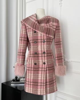 Long pinched waist woolen coat wool overcoat