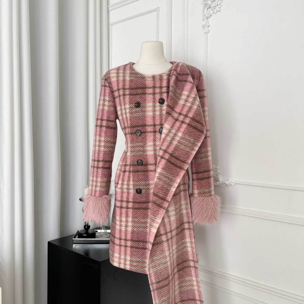 Long pinched waist woolen coat wool overcoat