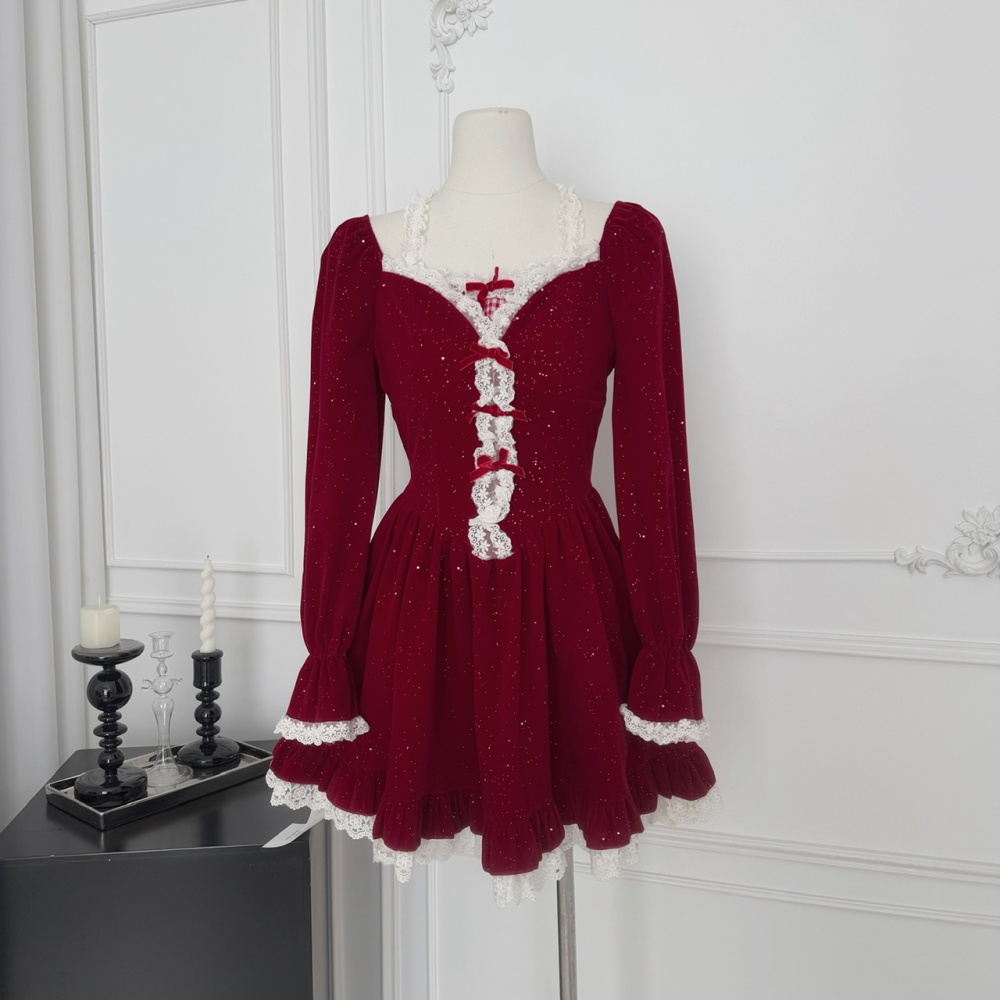 Winter France style slim velvet sweet dress