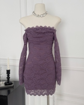 Embroidery sueding purple temperament lace dress