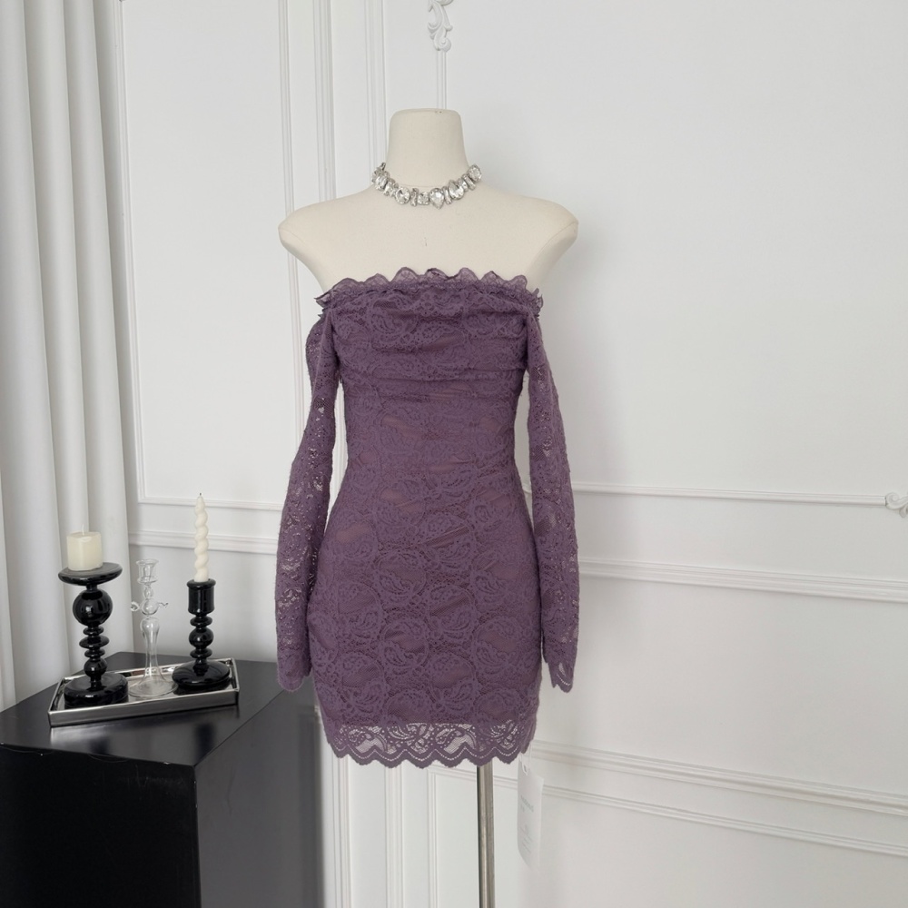 Embroidery sueding purple temperament lace dress