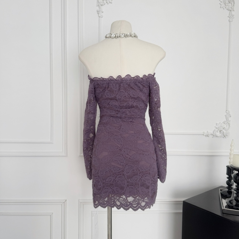 Embroidery sueding purple temperament lace dress