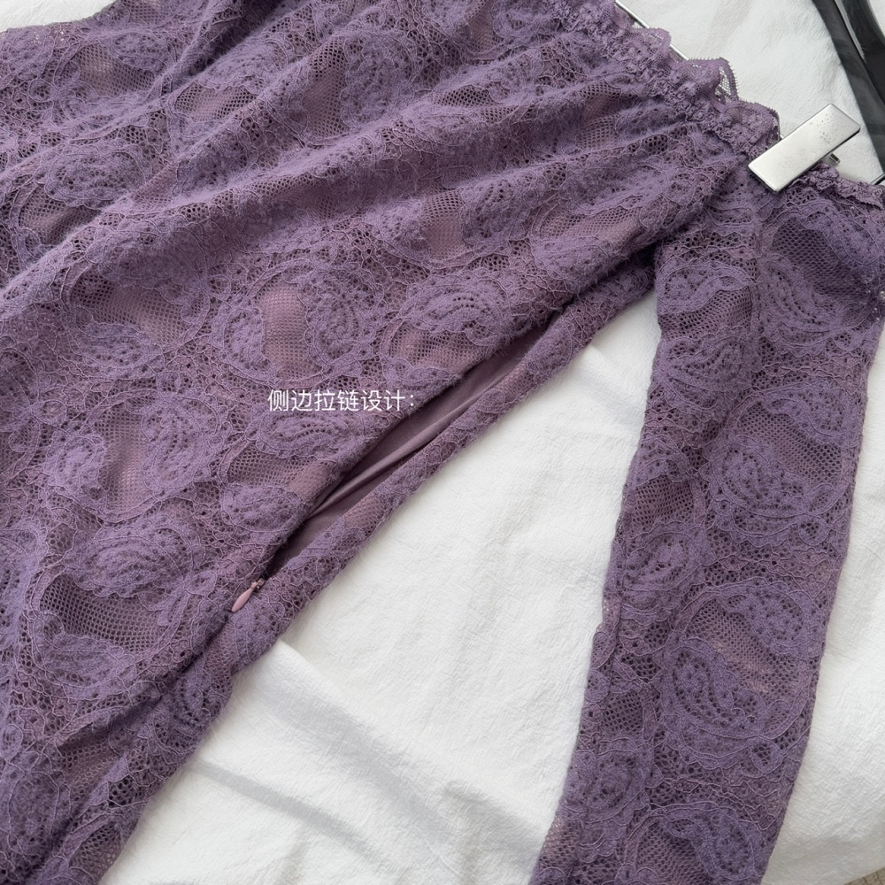 Embroidery sueding purple temperament lace dress