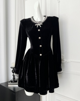 Autumn and winter velvet black rhinestone dress