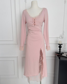 Pinched waist winter slim France style long dress