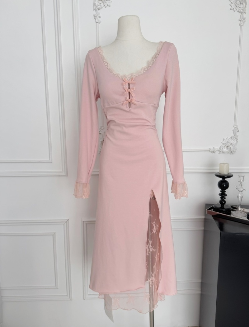 Pinched waist winter slim France style long dress