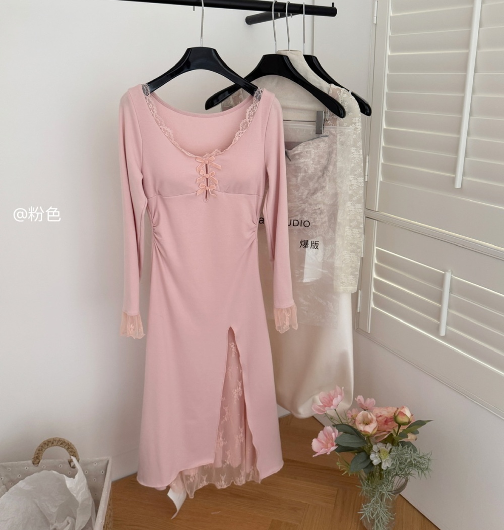 Pinched waist winter slim France style long dress