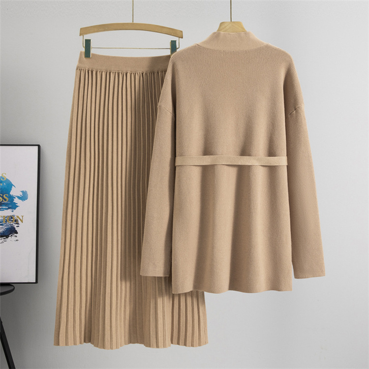 Fashion loose sweater spring pleated skirt 2pcs set