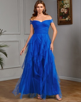 Wrapped chest pure long flat shoulder elegant evening dress