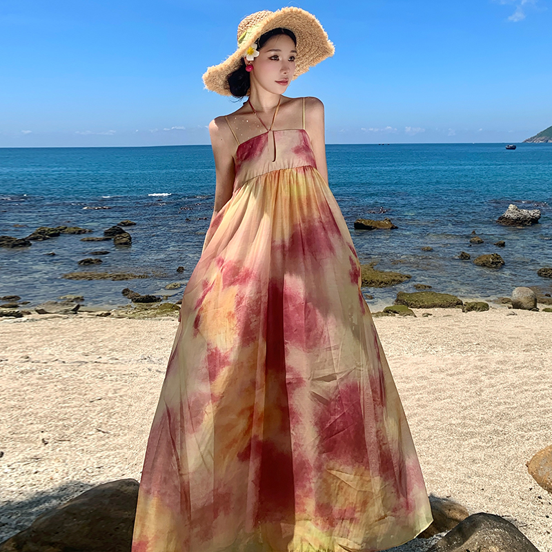 Chinese style loose slim sling seaside blooming dress