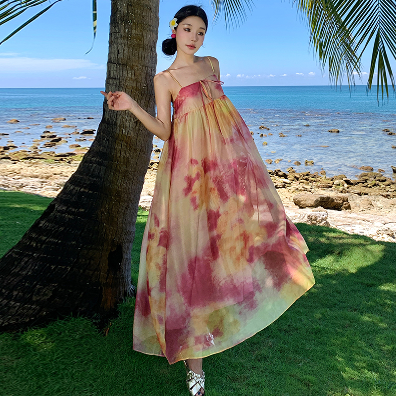 Chinese style loose slim sling seaside blooming dress