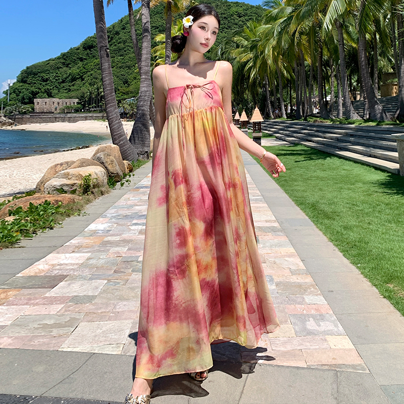 Chinese style loose slim sling seaside blooming dress