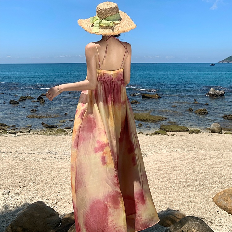 Chinese style loose slim sling seaside blooming dress