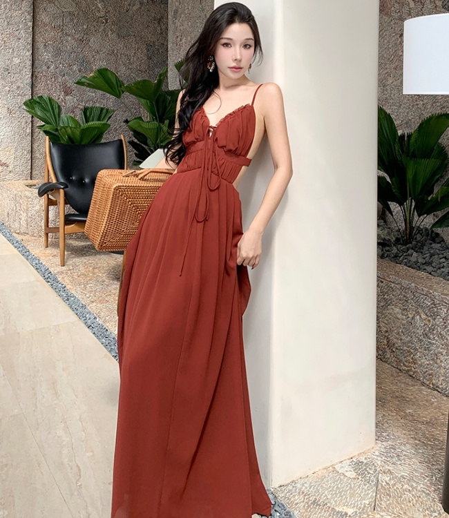 Niche big halter bandage strap dress V-neck sexy dress