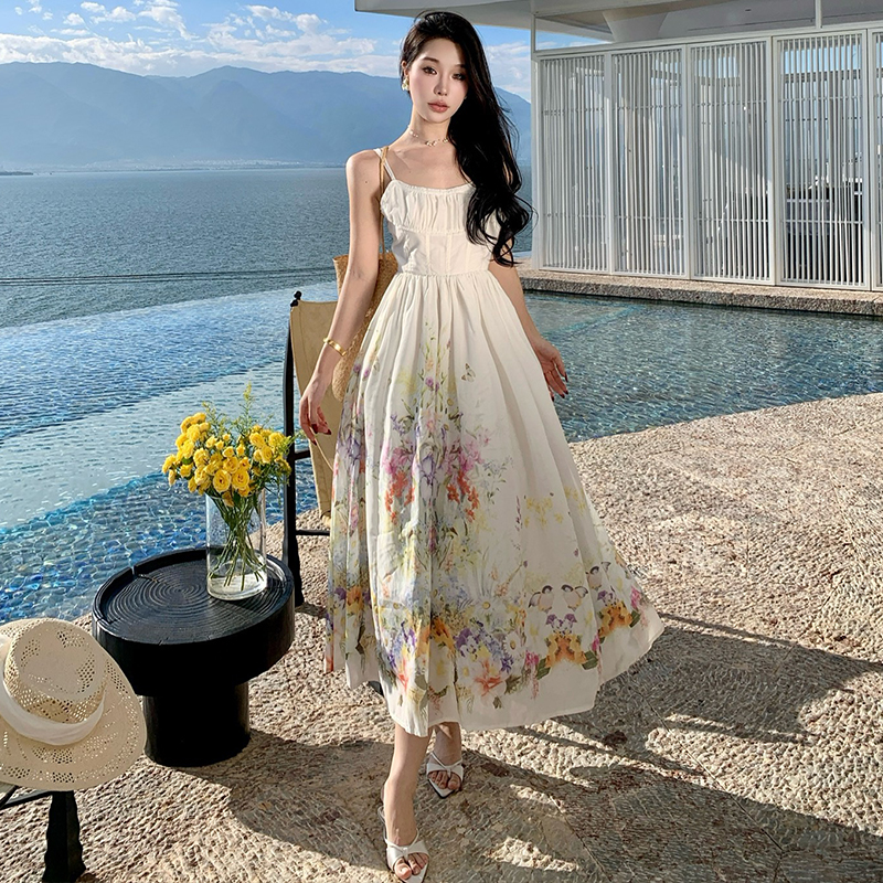 Pinched waist colors beach dress printing slim long dress