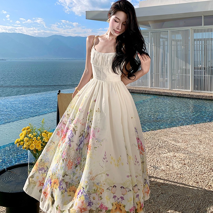 Pinched waist colors beach dress printing slim long dress